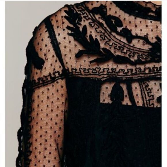 Free People rare Write About Love solid black lace mesh embroidered mini dress - Picture 3 of 12